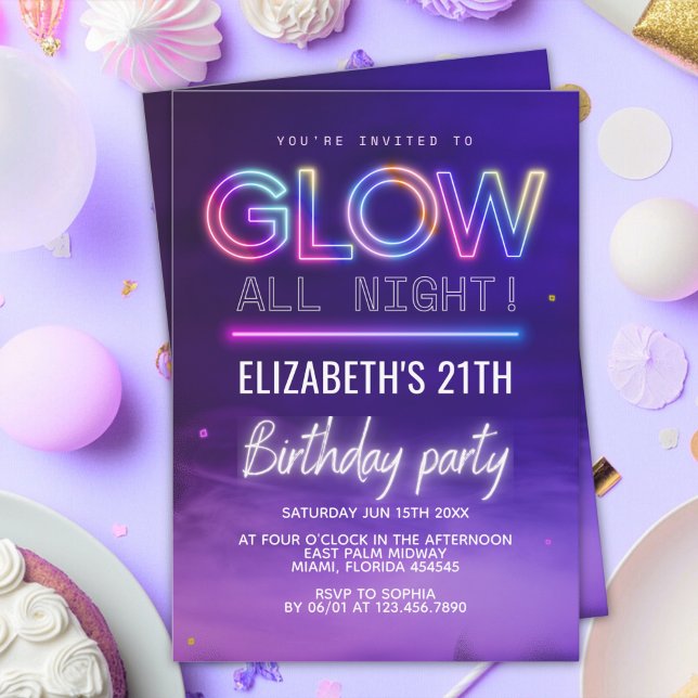 Convites Neon Glow Birthday Party – Glow All Night Theme (Criador carregado)