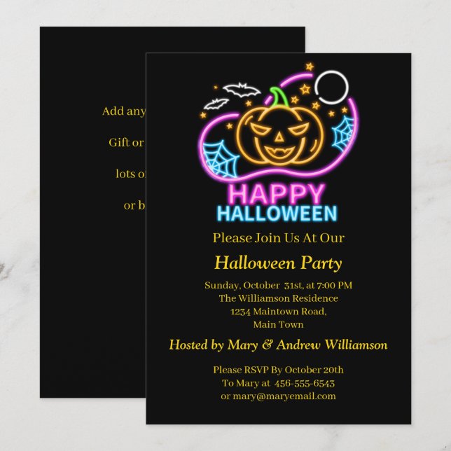 Convites Neon Glow Olha Halloween Pumpkin Bats (Frente/Verso)