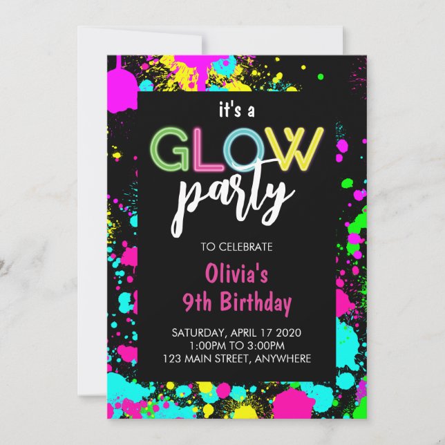 Convites Neon Glow Paint Splatter Birthday (Frente)