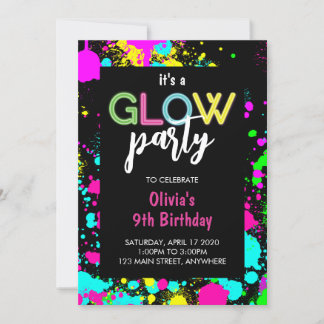 Convites Neon Glow Paint Splatter Birthday