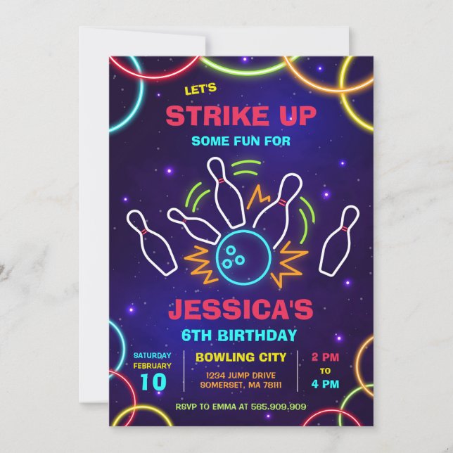 Convites Neon Glow Party Bowling Birthday Invitation (Frente)