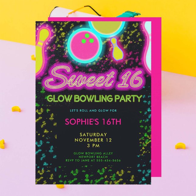 Convites Neon Glow Party Girly Cute Sassy Sweet 16 (glow bowling sweet sixteen 16th birthday party invitation neon nostalgia 80s fun retro girly cute)
