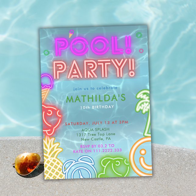Convites Neon Glow Pool Party Any Age Birthday  (Criador carregado)