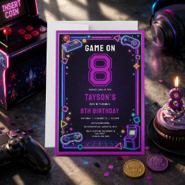 Convites Neon Glow Retro Arcade Jogos 8º Aniversário