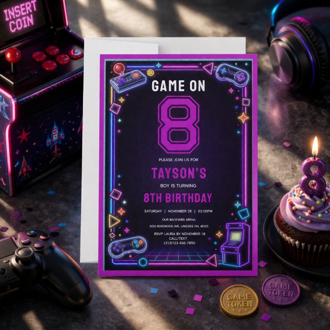 Convites Neon Glow Retro Arcade Jogos 8º Aniversário (Neon Glow Retro Arcade Gaming 8th Birthday Invitation
)