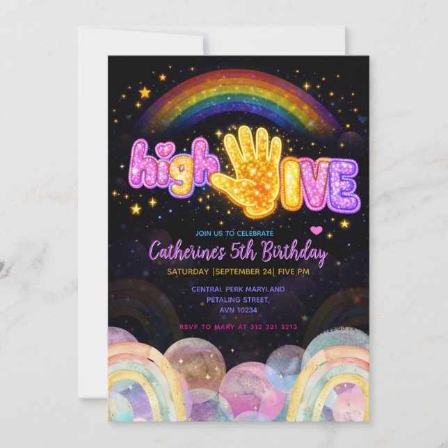 Convites Neon Glow Sparkle High Five Birthday Party (Frente)