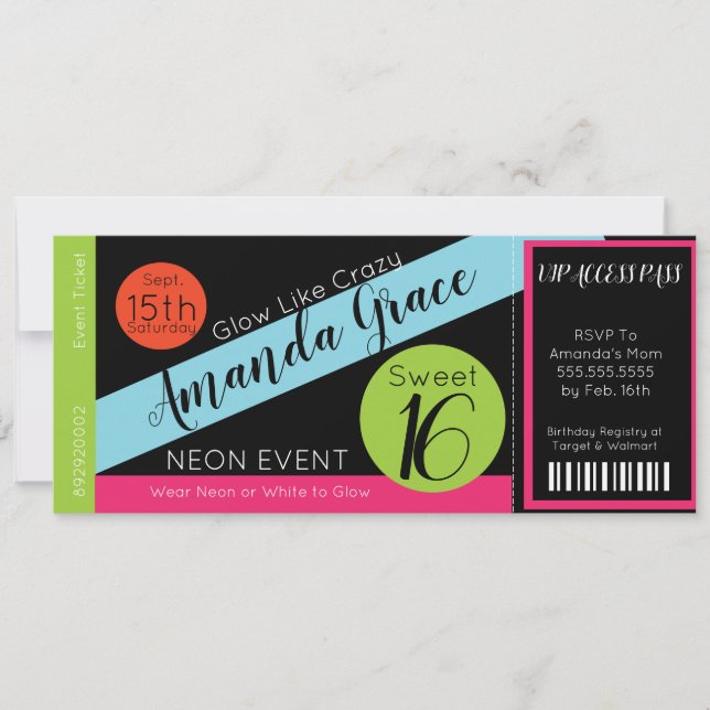 Convites Neon Glow Ticket Doce Dezesseis Aniversário VIP (Frente)