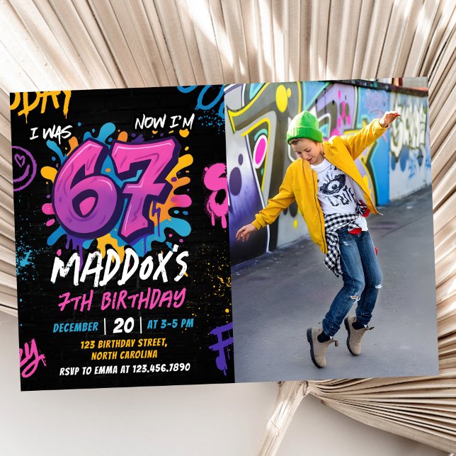 Convites Neon Graffiti Six Seven Kids 7th Birthday Photo (Criador carregado)