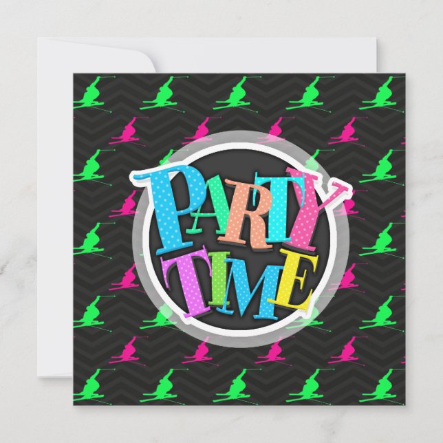 Convites Neon Green, Hot Pink, Ski de Neve, Black Chevron (Frente)