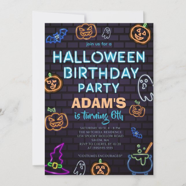 Convites Neon Halloween Birthday Party  Invitation (Frente)