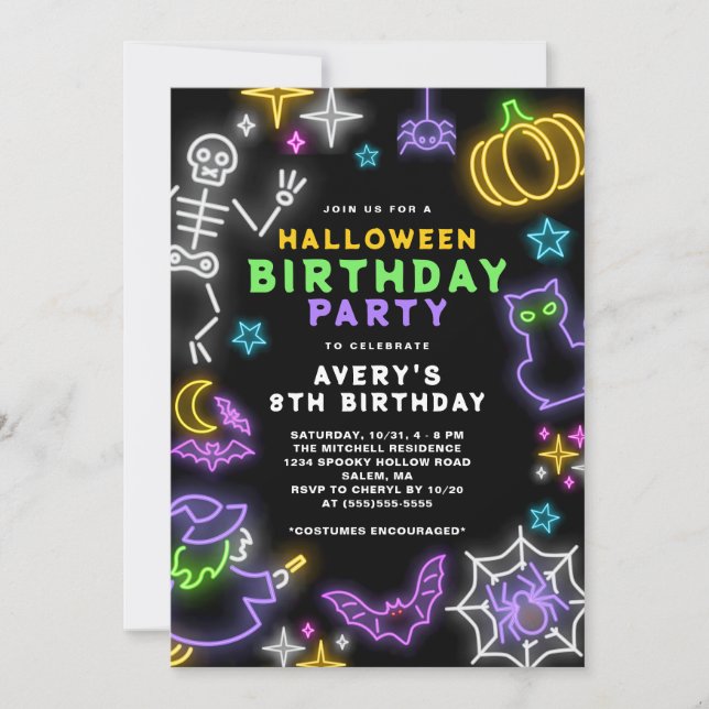 Convites Neon Halloween Boys 8th Birthday Festa de Costume (Frente)