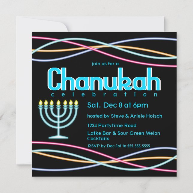 Convites Neon Hanukkah Party (Verso)