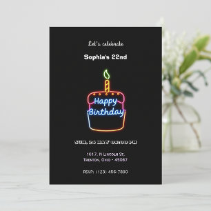 Convites Neon Happy Birthday Cake Design - Diversão e vibra