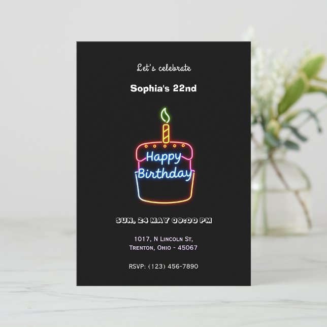 Convites Neon Happy Birthday Cake Design - Diversão e vibra (Criador carregado)