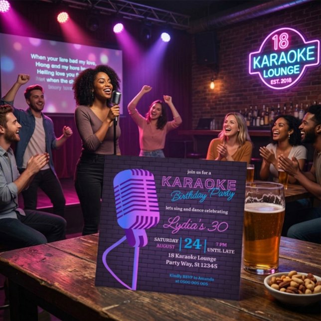 Convites Neon Karaoke Birthday Party Microphone Square  (Criador carregado)
