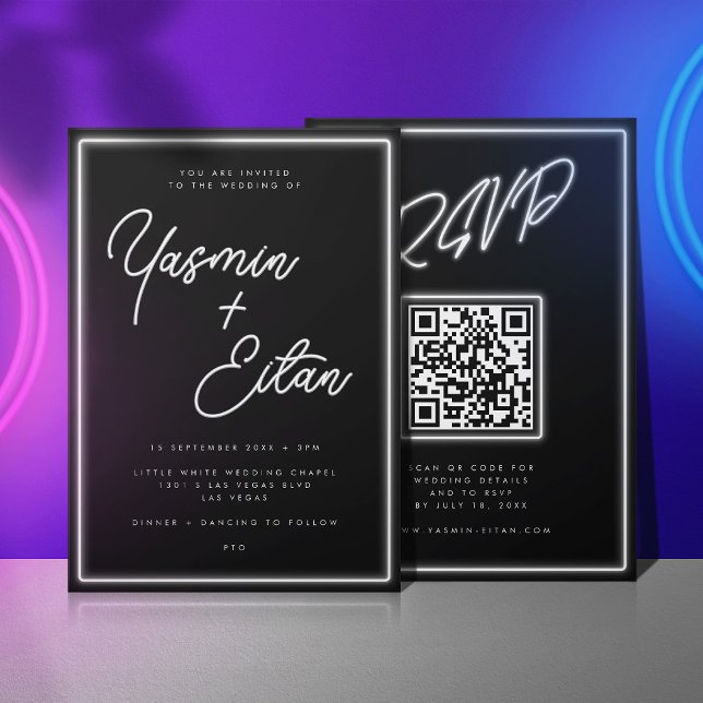 Convites Neon Lights Black White Script Simple Casamento (Black invitation with white neon light script for the bride and groom's names)