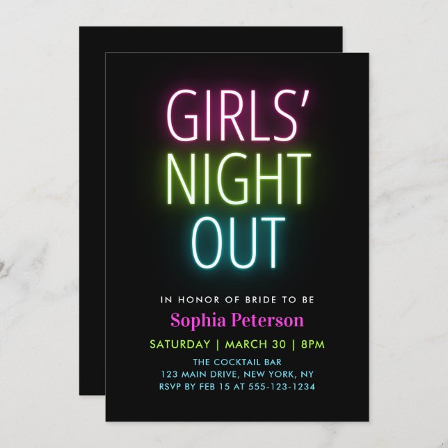 Convites Neon Lights Girls Night Out Festa de solteira (Frente/Verso)