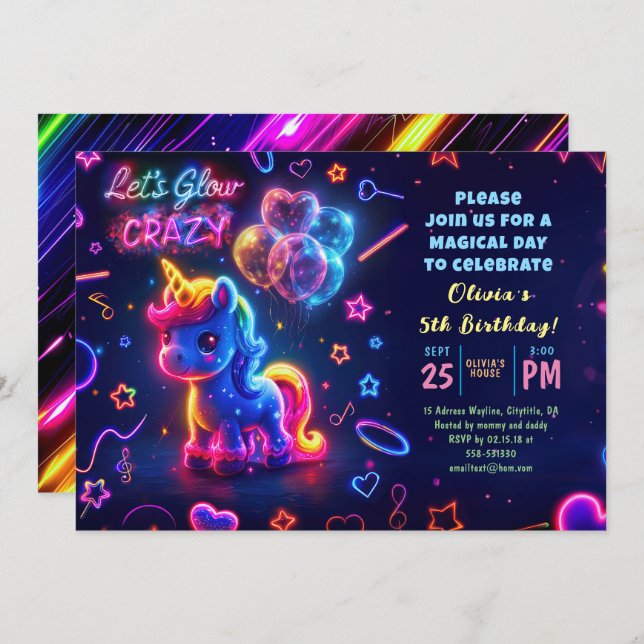 Convites Neon Lights Glowning Unicorn Birthday (Frente/Verso)