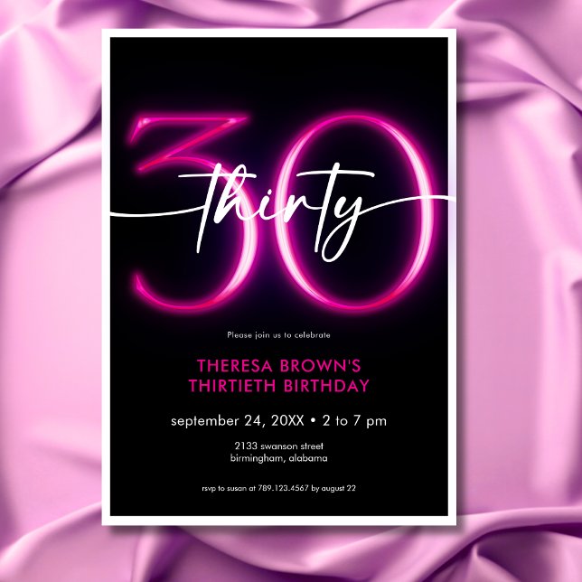 Convites Neon Mínimo Moderno Rosa Trinta Script Aniversário (Modern Minimal Neon Pink Thirty Script Birthday Invitation)