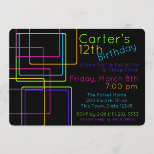 Convites Neon Night Glow Techno Vídeo Dormir No Aniversário