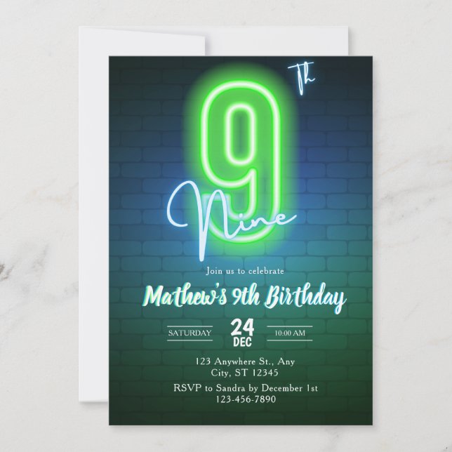 Convites Neon ninth birthday Invitation (Frente)
