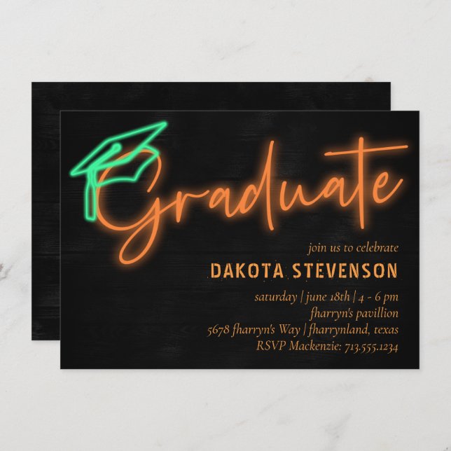 Convites Neon Orange Light Glow | Graduação Retroativa Mode (Frente/Verso)