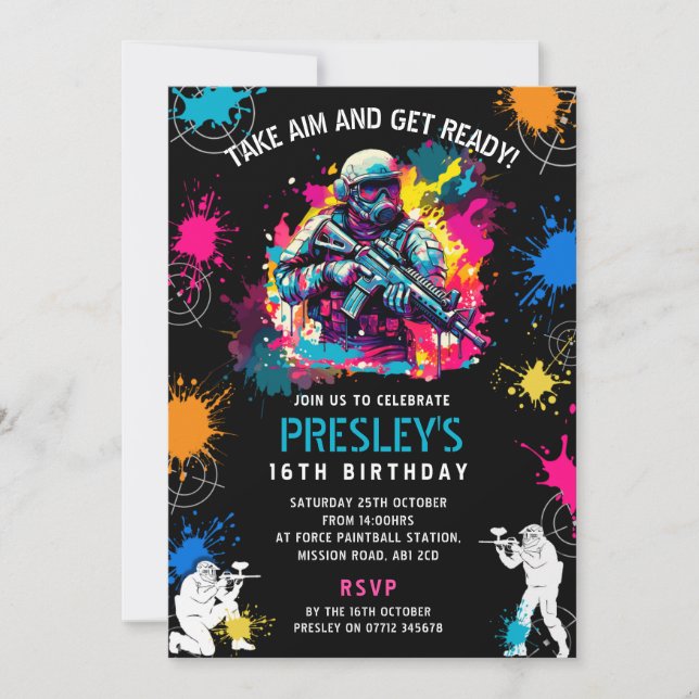Convites Neon Paintball Invite - Combat Glow Birthday Party (Frente)