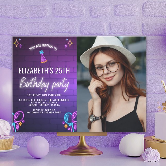 Convites Neon Party Birthday Invitation Photo Design (Criador carregado)
