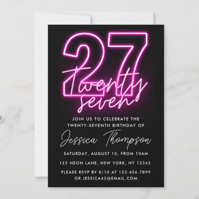 Convites Neon Pink 27th Birthday Invitation (Frente)