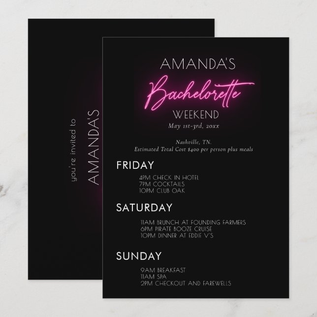 Convites Neon Pink Bachelorette Weekend Itinerário (Frente/Verso)