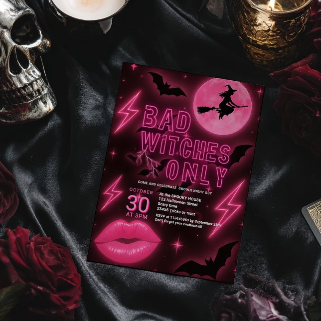 Convites Neon Pink Bad Witts Halloween Girls Night Out (Neon Pink Bad Witches Halloween Girls Night Out Invitation)