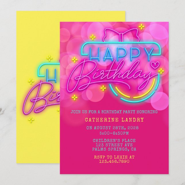 Convites Neon Pink e Yellow Happy Birday Party (Frente/Verso)