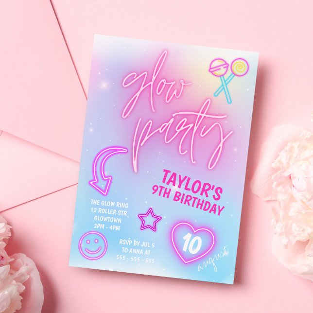 Convites Neon Pink Festa Brilhante Aniversário (Criador carregado)