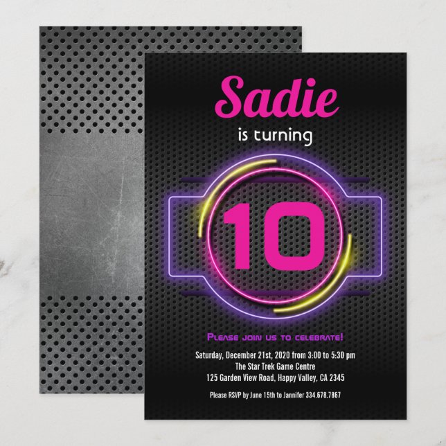 Convites Neon Pink Girl Festa de aniversário Brilhante No J (Frente/Verso)