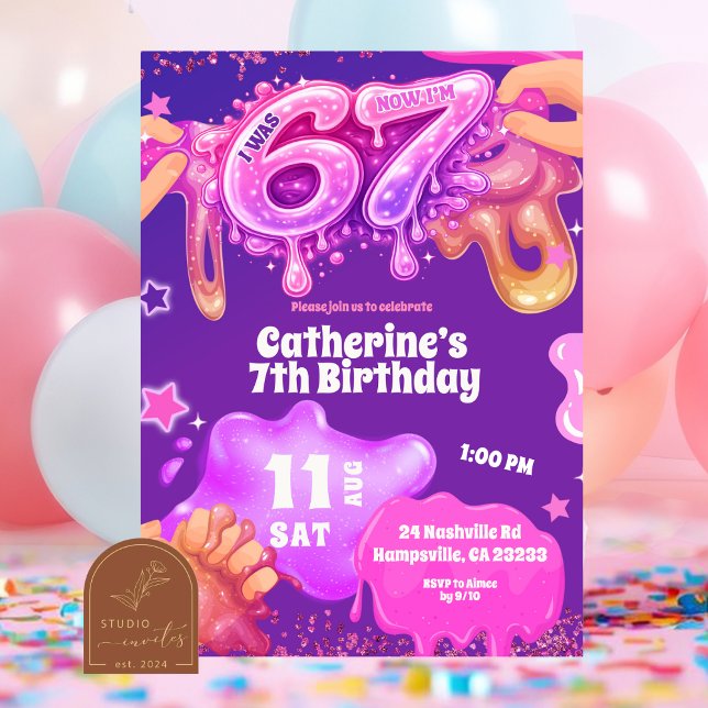 Convites Neon Pink Purple Slime 67 Birthday Invitation (Criador carregado)
