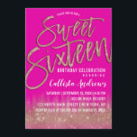 Convites Neon Pink Rose Dourada Tipografia Glitter Sweet 16<br><div class="desc">Este convite 16 moderno e feminino é o design perfeito para a garota de aniversário de moda e moda. Ele apresenta uma bonito e glamourosa sequência de brilho brilhante rosa-dourada esparsa impressa e um gradiente verde-preto néon. Ele também retrata rosa dourado brilho brilhante, tipografia de bruxaria "Doce Dezesseis". O tema...</div>
