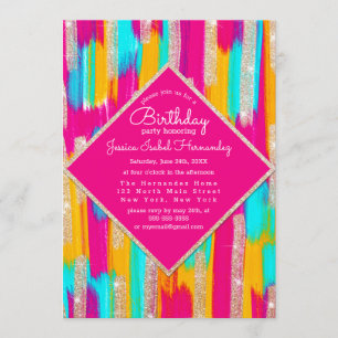 Convites Neon Pink Teal Yellow Dourada Glitter Paint Aniver