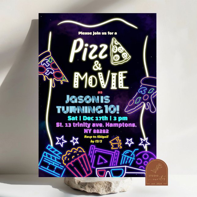 Convites Neon Pizza E Aniversário de criança De Filmes (Criador carregado)