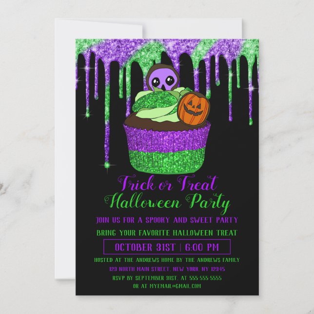 Convites Neon Purple Green Glitter Halloween Cupcake (Frente)