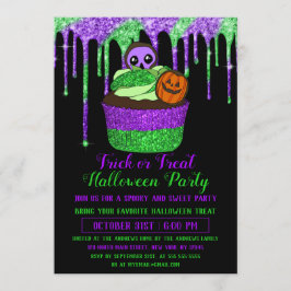 Convites Neon Purple Green Glitter Halloween Cupcake