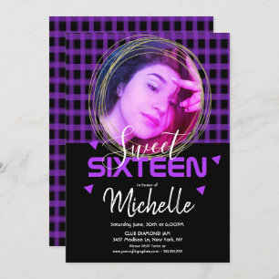 Convites Neon Purple Sweet Sessenta Fotografia Dourada Ring