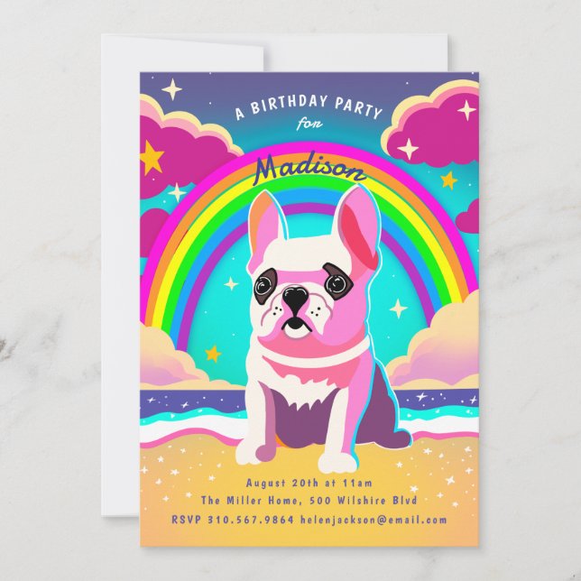 Convites Neon Rainbow Frenchie Retro Birthday (Frente)