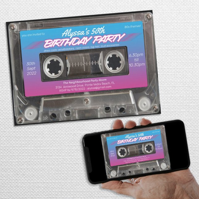 Convites Neon Retro 80s Cassete 50th Festa de aniversário (Neon Retro 80s Cassette 50th Birthday Party Invitation)