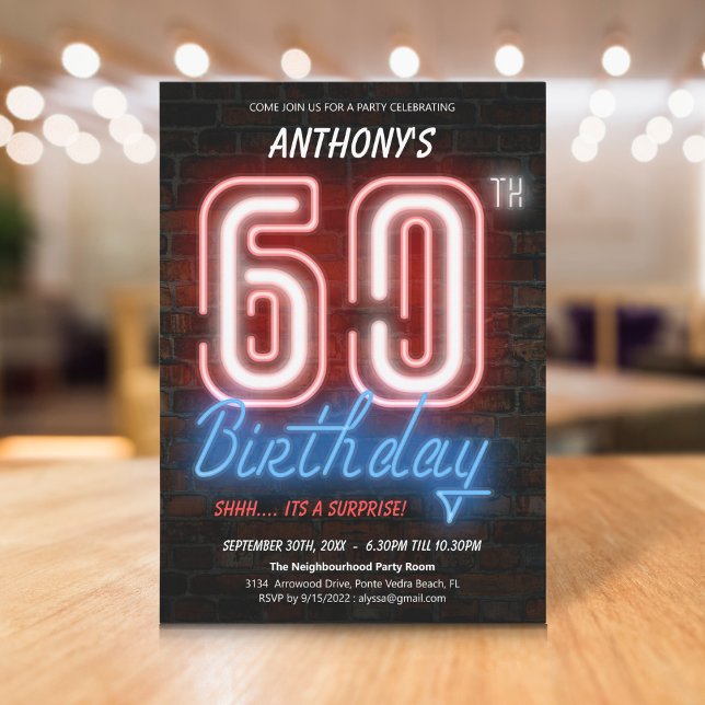 Convites Neon Retro Surprise 60th Birthday (Neon Retro Surprise 60th Birthday Invitation)