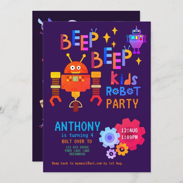 Convites Neon ROBOT PARTITY Aniversários de criança Meninas (Frente/Verso)