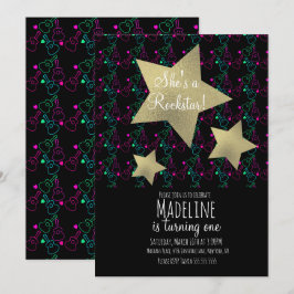 Convites Neon Rockstar Guitar Faux Dourada Star Aniversário