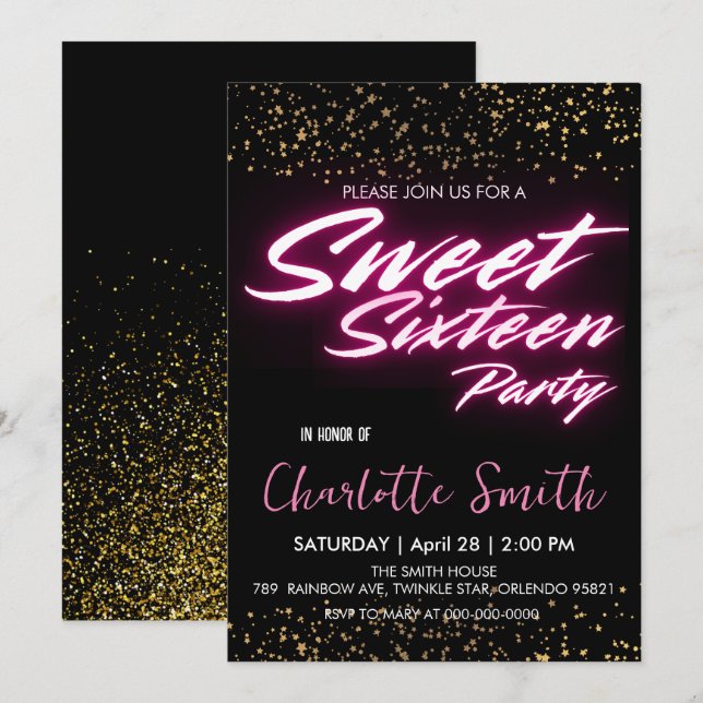 Convites Néon rosa Elegante retro Dourado Sweet 16º Anivers (Frente/Verso)