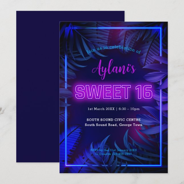 Convites Néon Rosa Quente Brilho Doce 16 Festa de aniversár (Frente/Verso)