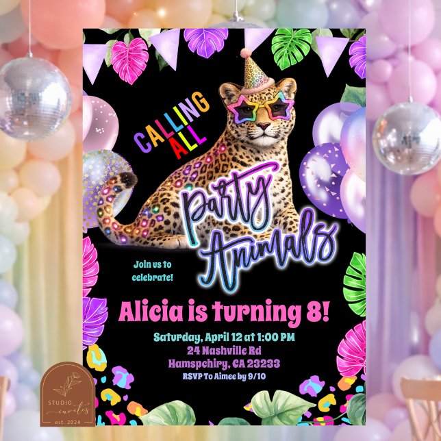 Convites Neon Safari Leopard tween birthday invitation (Criador carregado)