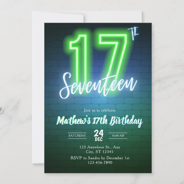 Convites Neon seventeenth birthday Invitation (Frente)